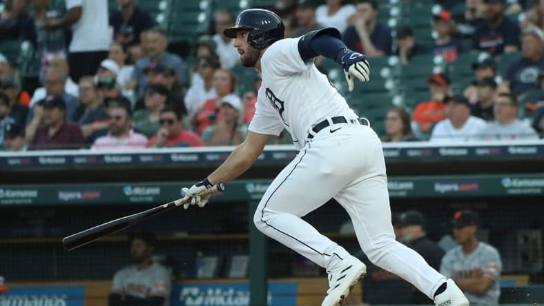 Detroit Tigers center fielder Matt Vierling (8) singles against San Francisco Giants starting pitcher Sean Manaea (52) during third-inning action Friday, April 14, 2023, at Comerica Park in Detroit.

Tigers 041423 Kd782