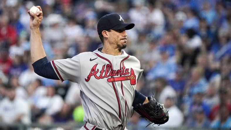 Apr 14, 2023; Kansas City, Missouri, USA; Atlanta Braves starting pitcher Charlie Morton (50) delivers a pitch against the Kansas City Royals in the first inning at Kauffman Stadium. Mandatory Credit: Denny Medley-USA TODAY Sports