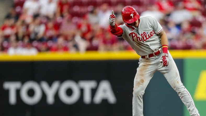 Apr 14, 2023; Cincinnati, Ohio, USA; Philadelphia Phillies second baseman Bryson Stott (5) reacts after hitting a double in the fourth inning against the Cincinnati Reds at Great American Ball Park. Mandatory Credit: Katie Stratman-USA TODAY Sports