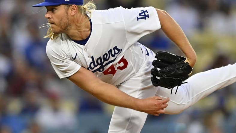 Apr 14, 2023; Los Angeles, California, USA;  Los Angeles Dodgers starting pitcher Noah Syndergaard (43) throws to the plate in the first inning against the Chicago Cubs at Dodger Stadium. Mandatory Credit: Jayne Kamin-Oncea-USA TODAY Sports