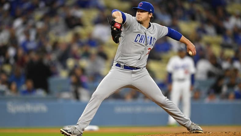Apr 14, 2023; Los Angeles, California, USA;  Chicago Cubs starting pitcher Justin Steele (35) throws to the plate in the first inning against the Los Angeles Dodgers at Dodger Stadium. Mandatory Credit: Jayne Kamin-Oncea-USA TODAY Sports
