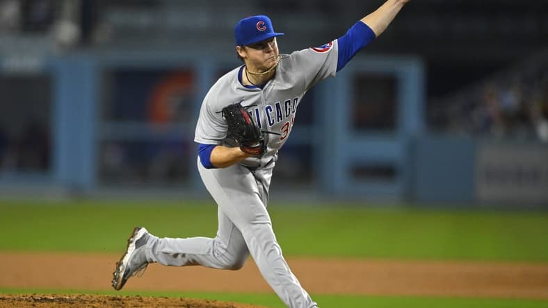 Apr 14, 2023; Los Angeles, California, USA;  Chicago Cubs starting pitcher Justin Steele (35) throws to the plate in the fourth inning against the Los Angeles Dodgers at Dodger Stadium. Mandatory Credit: Jayne Kamin-Oncea-USA TODAY Sports