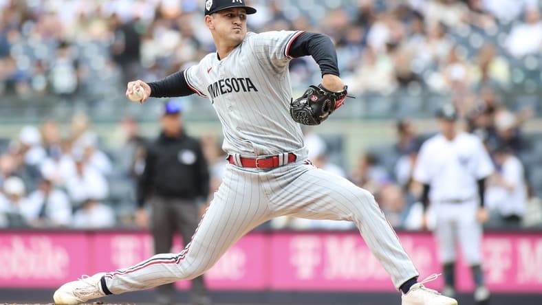 Apr 15, 2023; Bronx, New York, USA;  Minnesota Twins starting pitcher Tyler Mahle pitches in the first inning New York Yankees at Yankee Stadium. Mandatory Credit: Wendell Cruz-USA TODAY Sports
