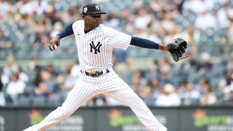 Apr 15, 2023; Bronx, New York, USA;  New York Yankees starting pitcher Domingo German pitches in the first inning against the Minnesota Twins at Yankee Stadium. Mandatory Credit: Wendell Cruz-USA TODAY Sports