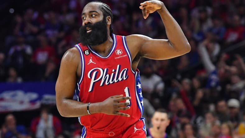 Apr 15, 2023; Philadelphia, Pennsylvania, USA;Philadelphia 76ers guard James Harden (1) reacts after making a three point basket against the Brooklyn Nets during the second quarter of game one of the 2023 NBA playoffs at Wells Fargo Center. Mandatory Credit: Eric Hartline-USA TODAY Sports