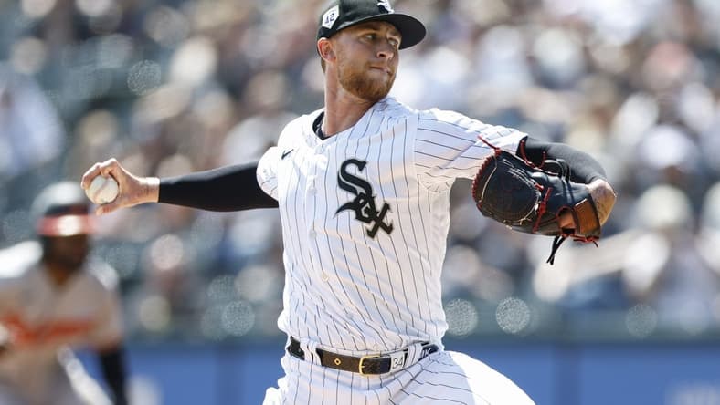 Apr 15, 2023; Chicago, Illinois, USA; Chicago White Sox starting pitcher Michael Kopech (34) delivers against the Baltimore Orioles during the first inning at Guaranteed Rate Field. Mandatory Credit: Kamil Krzaczynski-USA TODAY Sports