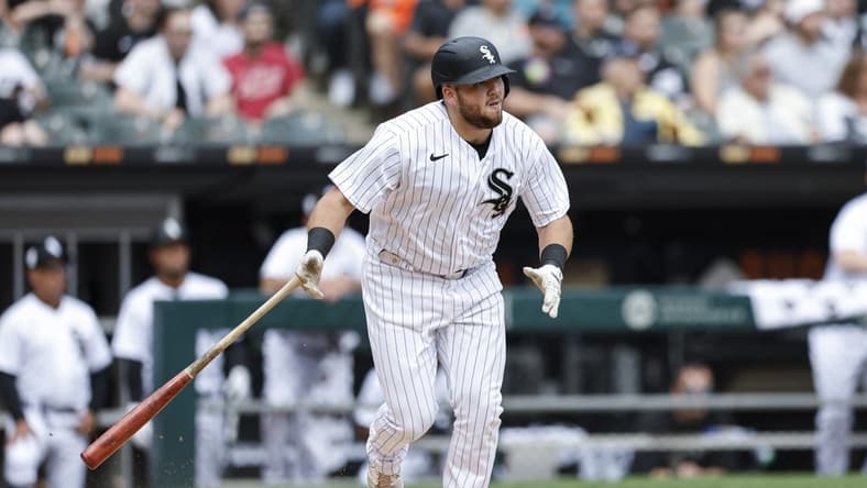 Apr 15, 2023; Chicago, Illinois, USA; Chicago White Sox first baseman Jake Burger (30) watches his sacrifice fly against the Baltimore Orioles during the fourth inning at Guaranteed Rate Field. Mandatory Credit: Kamil Krzaczynski-USA TODAY Sports