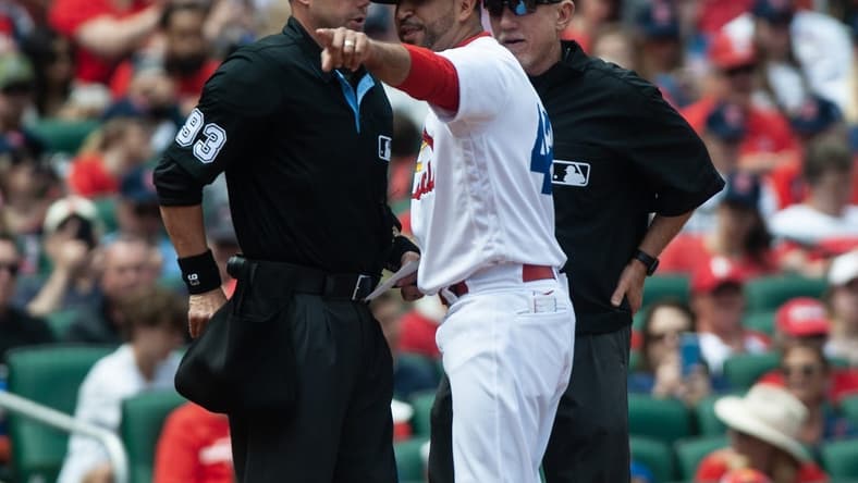 Apr 15, 2023; St. Louis, Missouri, USA; St. Louis Cardinals manager Oliver Marmol (37) argues with the home plate umpire in the bottom of the third inning at Busch Stadium. Mandatory Credit: Paul Halfacre-USA TODAY Sports