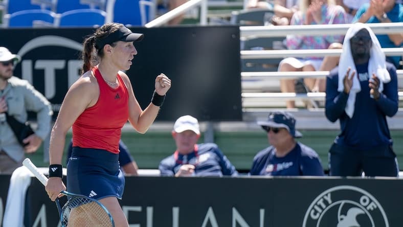 Apr 15, 2023; Delray Beach, FL, USA; Jessica Pegula (USA) celebrates winning her match against Julia Grabher (AUT) in the Billie Jean King Cup tie against Austria at Delray Beach Tennis Center. Mandatory Credit: Susan Mullane-USA TODAY Sports