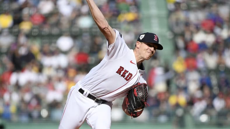 Apr 15, 2023; Boston, Massachusetts, USA; Boston Red Sox starting pitcher Nick Pivetta pitches during the first inning against the Los Angeles Angels at Fenway Park. Mandatory Credit: Bob DeChiara-USA TODAY Sports