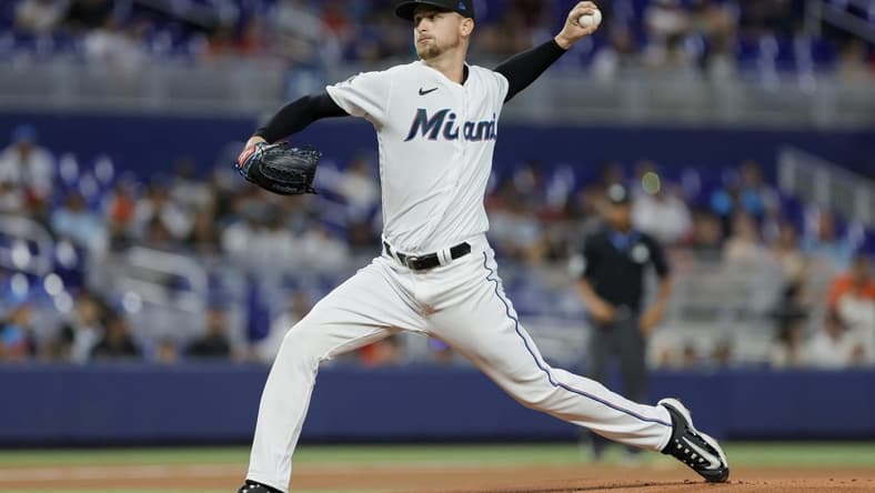 Apr 15, 2023; Miami, Florida, USA; Miami Marlins starting pitcher Braxton Garrett (42) delivers against the Arizona Diamondbacks during the first inning at loanDepot Park. Mandatory Credit: Sam Navarro-USA TODAY Sports