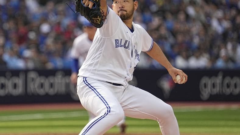 Apr 15, 2023; Toronto, Ontario, CAN; Toronto Blue Jays pitcher Yusei Kikuchi pitches to the Tampa Bay Rays during the sixth inning at Rogers Centre. Mandatory Credit: John E. Sokolowski-USA TODAY Sports