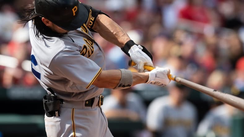 Apr 15, 2023; St. Louis, Missouri, USA; Pittsburgh Pirates right fielder Connor Joe (2) makes contact with the ball in the 10th inning at Busch Stadium. Mandatory Credit: Paul Halfacre-USA TODAY Sports
