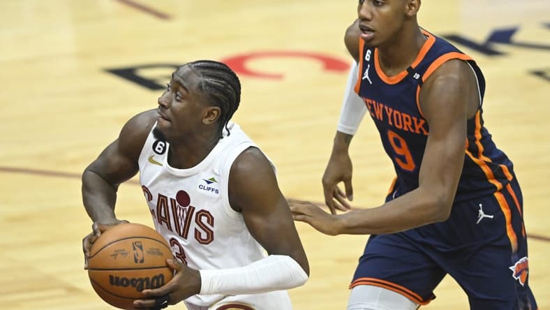 Apr 15, 2023; Cleveland, Ohio, USA; Cleveland Cavaliers guard Caris LeVert (3) drives past New York Knicks guard RJ Barrett (9) in the second quarter of game one of the 2023 NBA playoffs at Rocket Mortgage FieldHouse. Mandatory Credit: David Richard-USA TODAY Sports