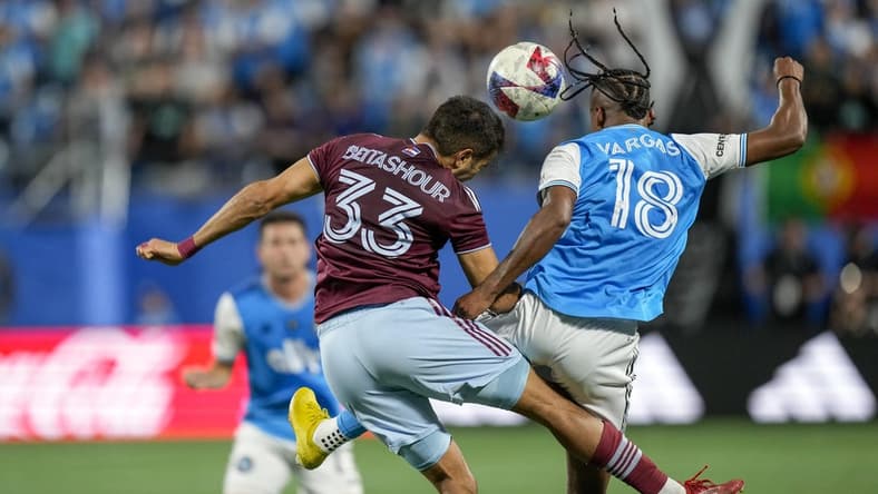 Apr 15, 2023; Charlotte, North Carolina, USA; Colorado Rapids defender Steven Beitashour (33) and Charlotte FC forward Kerwin Vargas (18) meet for a header during the first half at Bank of America Stadium. Mandatory Credit: Jim Dedmon-USA TODAY Sports