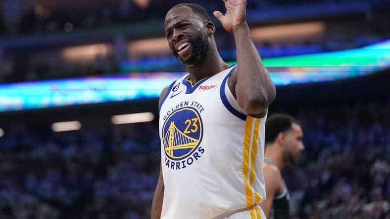 Apr 15, 2023; Sacramento, California, USA; Golden State Warriors forward Draymond Green (23) reacts to a foul call against the Warriors during action against the Sacramento Kings in the first quarter during game one of the 2023 NBA playoffs at the Golden 1 Center. Mandatory Credit: Cary Edmondson-USA TODAY Sports
