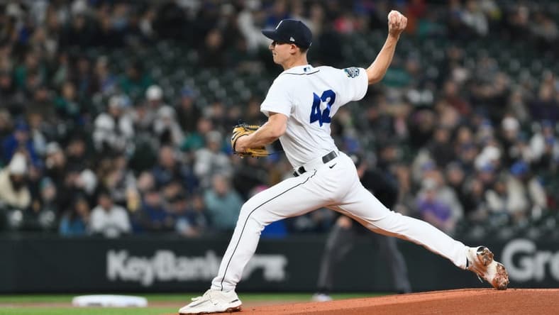 Apr 15, 2023; Seattle, Washington, USA; Seattle Mariners starting pitcher George Kirby (68) pitches to the Colorado Rockies at T-Mobile Park. Mandatory Credit: Steven Bisig-USA TODAY Sports