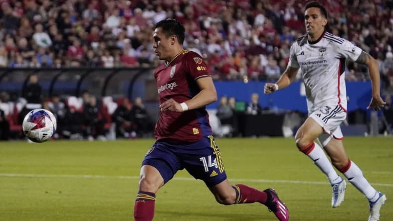 Apr 15, 2023; Frisco, Texas, USA; Real Salt Lake forward Rubio Rubin (14) is seen controlling the ball at Toyota Stadium. Mandatory Credit: Raymond Carlin III-USA TODAY Sports