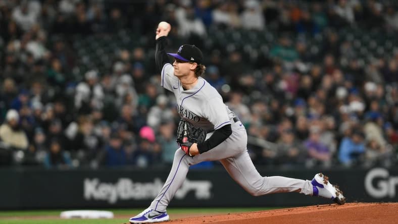 Apr 15, 2023; Seattle, Washington, USA; Colorado Rockies starting pitcher Ryan Feltner pitches to the Seattle Mariners during the first inning at T-Mobile Park. Mandatory Credit: Steven Bisig-USA TODAY Sports