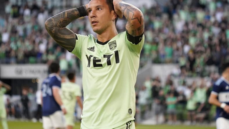Apr 15, 2023; Austin, Texas, USA; Austin FC forward Sebastian Driussi (10) reacts during the game at Q2 Stadium. Mandatory Credit: Scott Wachter-USA TODAY Sports