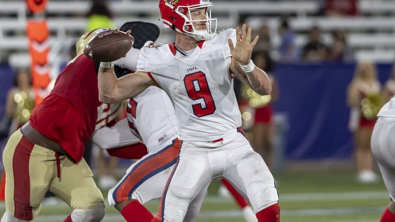 Apr 15, 2023; Birmingham, AL, USA; New Jersey Generals quarterback Dakota Prukop (9) throws the ball against the Birmingham Stallions during the second half of a USFL football game at Protective Stadium. Mandatory Credit: Vasha Hunt-USA TODAY Sports