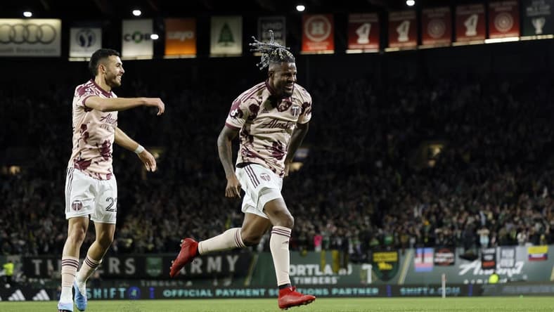 Apr 15, 2023; Portland, Oregon, USA;Portland Timbers forward Dairon Asprilla (27) celebrates after scoring a goal   during the second half against the Seattle Sounders at Providence Park. Mandatory Credit: Soobum Im-USA TODAY Sports