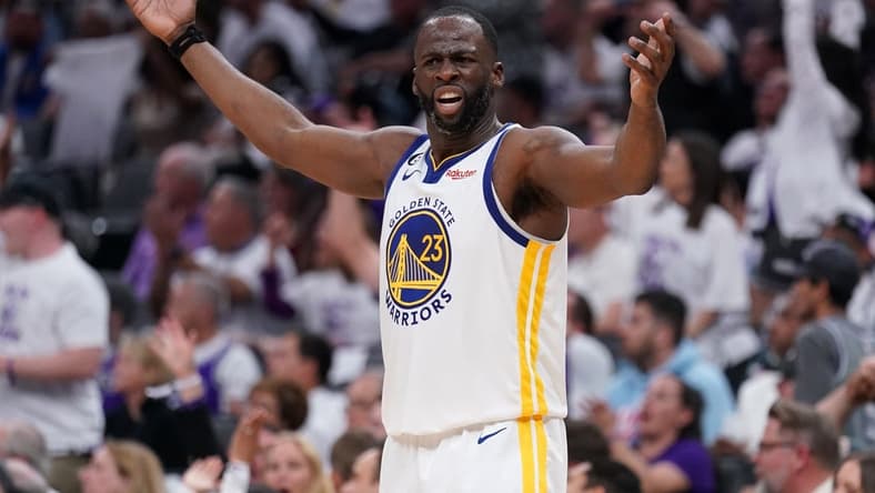 Apr 15, 2023; Sacramento, California, USA; Golden State Warriors forward Draymond Green (23) looks for a foul call after a play against the Sacramento Kings in the third quarter during game one of the 2023 NBA playoffs at the Golden 1 Center. Mandatory Credit: Cary Edmondson-USA TODAY Sports