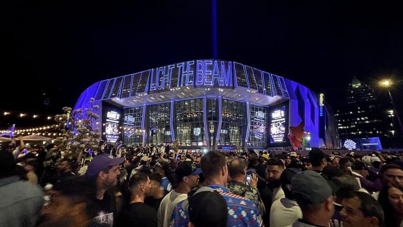 Apr 15, 2023; Sacramento, California, USA; Fans walk outside the Golden 1 Center after the Sacramento Kings defeated the Golden State Warriors during game one of the 2023 NBA playoffs. Mandatory Credit: Cary Edmondson-USA TODAY Sports