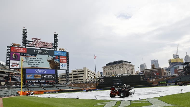 Apr 16, 2023; Detroit, Michigan, USA;  The game between the Detroit Tigers and the San Francisco Giants is delayed due to inclement weather at Comerica Park. Mandatory Credit: Rick Osentoski-USA TODAY Sports
