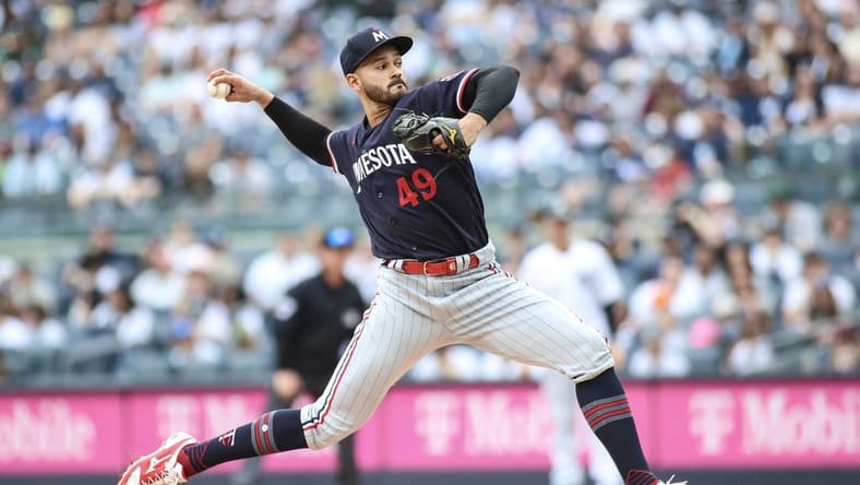 Apr 16, 2023; Bronx, New York, USA;  Minnesota Twins starting pitcher Pablo Lopez (49) pitches in the first inning against the New York Yankees at Yankee Stadium. Mandatory Credit: Wendell Cruz-USA TODAY Sports
