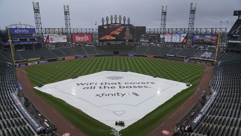Apr 16, 2023; Chicago, Illinois, USA; The game between the Chicago White Sox and the Baltimore Orioles is delayed because of rain in the area at Guaranteed Rate Field. Mandatory Credit: David Banks-USA TODAY Sports