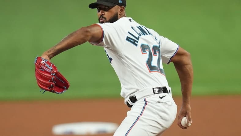 Apr 16, 2023; Miami, Florida, USA;  Miami Marlins starting pitcher Sandy Alcantara (22) pitches against the Arizona Diamondbacks in the first inning at loanDepot Park. Mandatory Credit: Jim Rassol-USA TODAY Sports