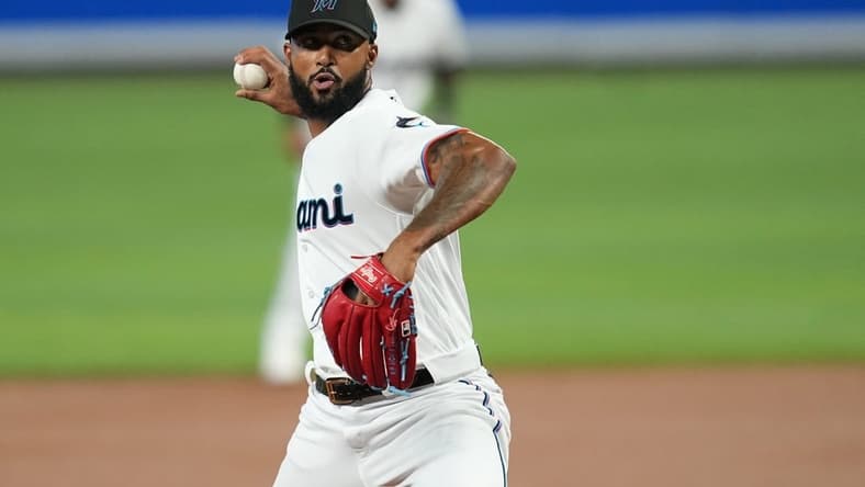 Apr 16, 2023; Miami, Florida, USA;  Miami Marlins starting pitcher Sandy Alcantara (22) pitches against the Arizona Diamondbacks in the first inning at loanDepot Park. Mandatory Credit: Jim Rassol-USA TODAY Sports