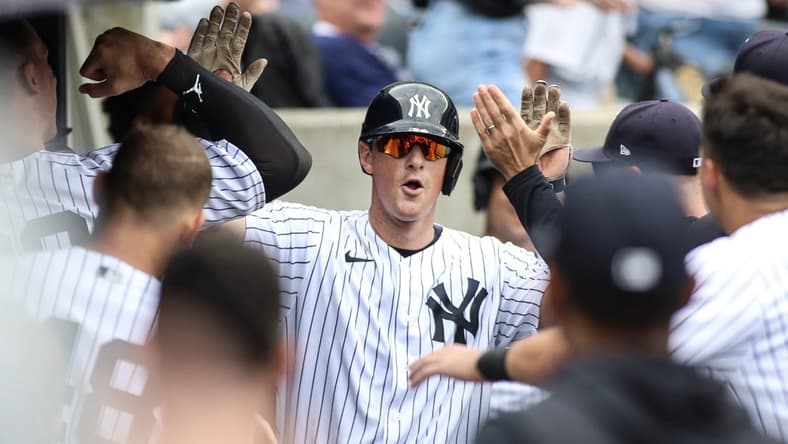 Apr 16, 2023; Bronx, New York, USA;  New York Yankees third baseman DJ LeMahieu (26) is greeted in the dugout after hitting a home run in the sixth inning against the Minnesota Twins at Yankee Stadium. Mandatory Credit: Wendell Cruz-USA TODAY Sports