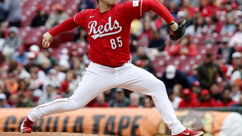 Apr 16, 2023; Cincinnati, Ohio, USA; Cincinnati Reds starting pitcher Luis Cessa (85) throws against the Philadelphia Phillies during the first inning at Great American Ball Park. Mandatory Credit: David Kohl-USA TODAY Sports