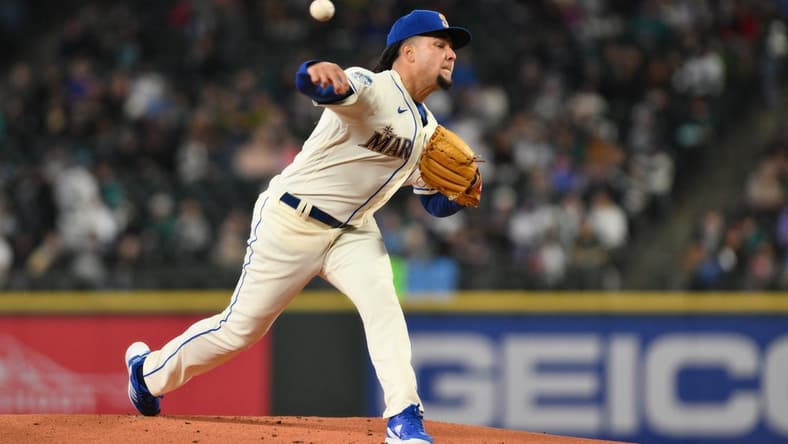 Apr 16, 2023; Seattle, Washington, USA; Seattle Mariners starting pitcher Luis Castillo (58) pitches to the Colorado Rockies during the first inning at T-Mobile Park. Mandatory Credit: Steven Bisig-USA TODAY Sports