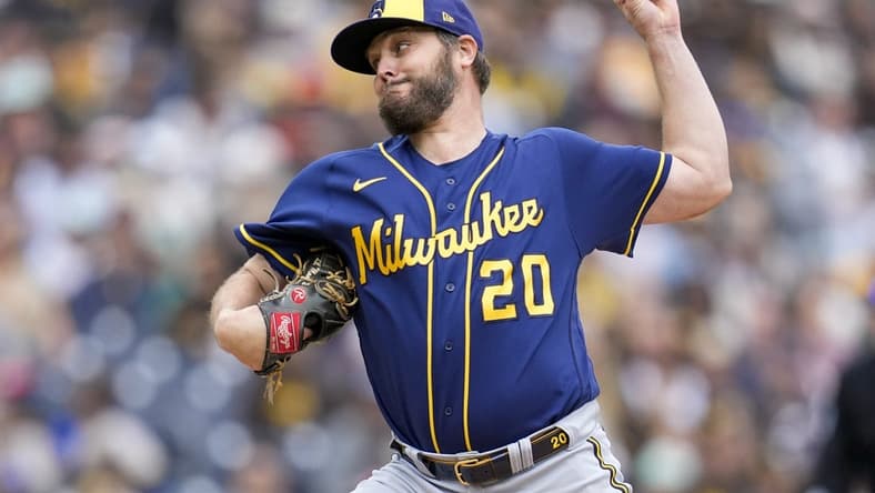 Apr 16, 2023; San Diego, California, USA; Milwaukee Brewers starting pitcher Wade Miley (20) throws a pitch against the Milwaukee Brewers during the first inning at Petco Park. Mandatory Credit: Ray Acevedo-USA TODAY Sports