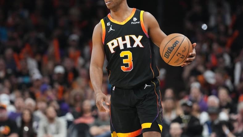 Apr 16, 2023; Phoenix, Arizona, USA; Phoenix Suns guard Chris Paul (3) dribbles against the LA Clippers during the second half of game one of the 2023 NBA playoffs at Footprint Center. Mandatory Credit: Joe Camporeale-USA TODAY Sports