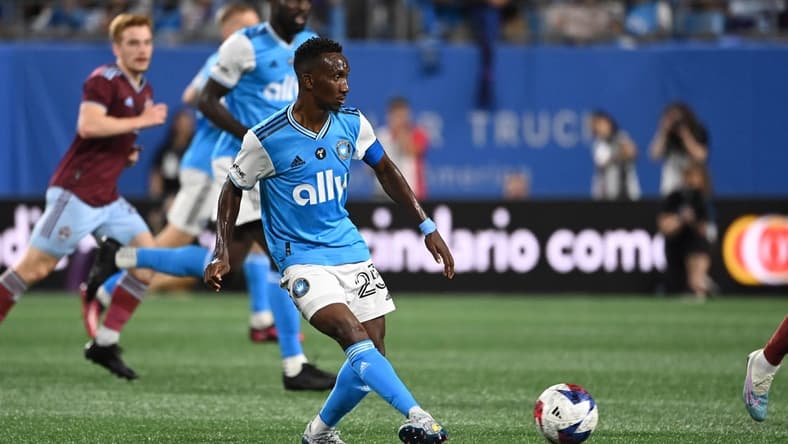 Apr 15, 2023; Charlotte, North Carolina, USA; Charlotte FC defender Harrison Afful (25) passes the ball in the second half at Bank of America Stadium. Mandatory Credit: Bob Donnan-USA TODAY Sports