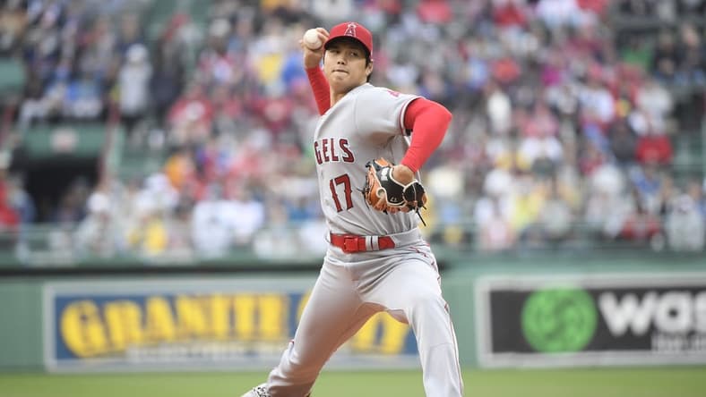 Apr 17, 2023; Boston, Massachusetts, USA;  Los Angeles Angels starting pitcher Shohei Ohtani (17) pitches during the first inning against the Boston Red Sox at Fenway Park. Mandatory Credit: Bob DeChiara-USA TODAY Sports