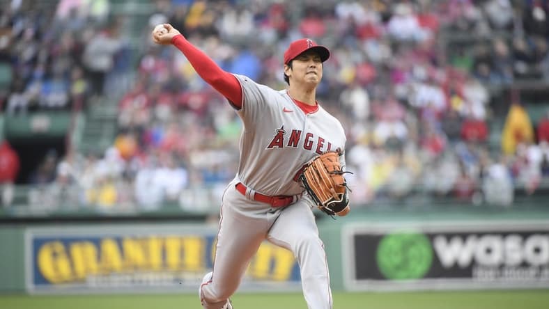Apr 17, 2023; Boston, Massachusetts, USA;  Los Angeles Angels starting pitcher Shohei Ohtani (17) pitches during the first inning against the Boston Red Sox at Fenway Park. Mandatory Credit: Bob DeChiara-USA TODAY Sports