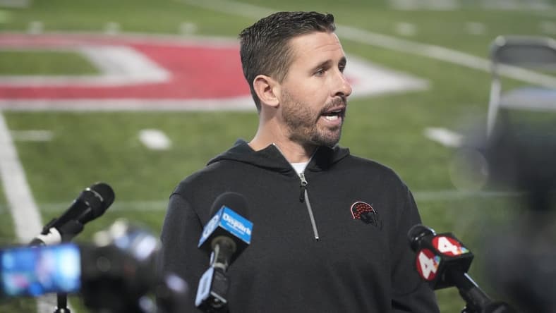 Feb 1, 2023; Brian Hartline talks with the media during an off-season news conference. He and other Ohio State football coaches addressed the media in the Woody Hayes Athletic Center. Mandatory Credit: Doral Chenoweth/The Columbus Dispatch
Ohio State Football 04 Jpg