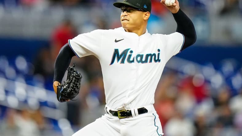 Apr 17, 2023; Miami, Florida, USA; Miami Marlins starting pitcher Jesus Luzardo (44) throws a pitch against the San Francisco Giants during the first inning at loanDepot Park. Mandatory Credit: Rich Storry-USA TODAY Sports