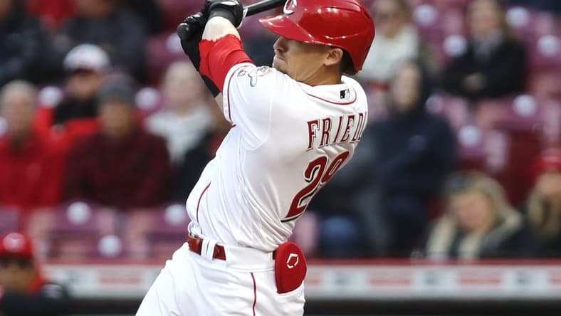 Apr 17, 2023; Cincinnati, Ohio, USA; Cincinnati Reds center fielder TJ Friedl (29) hits a three-run double against the Tampa Bay Rays during the fourth inning at Great American Ball Park. Mandatory Credit: David Kohl-USA TODAY Sports