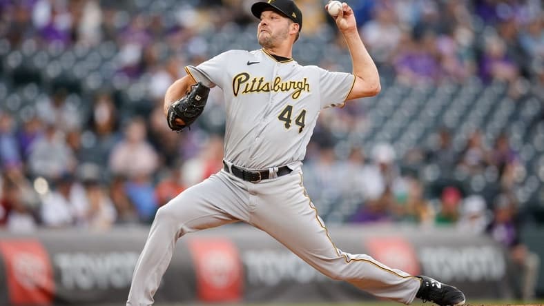 Apr 17, 2023; Denver, Colorado, USA; Pittsburgh Pirates starting pitcher Rich Hill (44) pitches in the first inning against the Colorado Rockies at Coors Field. Mandatory Credit: Isaiah J. Downing-USA TODAY Sports