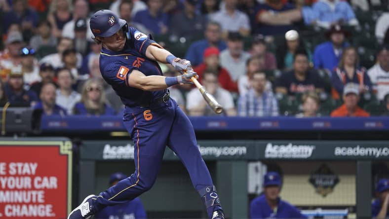 Apr 17, 2023; Houston, Texas, USA; Houston Astros center fielder Jake Meyers (6) hits a home run during the first inning against the Toronto Blue Jays at Minute Maid Park. Mandatory Credit: Troy Taormina-USA TODAY Sports