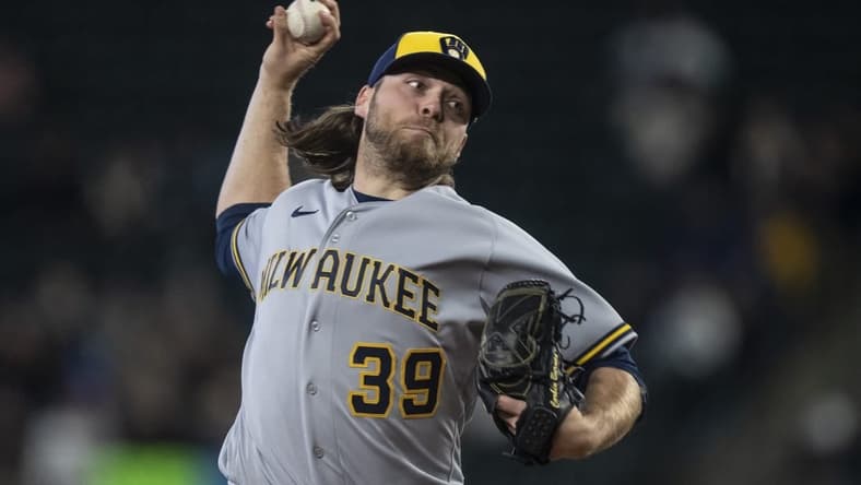 Apr 17, 2023; Seattle, Washington, USA; Milwaukee Brewers starter Corbin Burnes (39) delivers a pitch during the first inning against the Seattle Mariners at T-Mobile Park. Mandatory Credit: Stephen Brashear-USA TODAY Sports