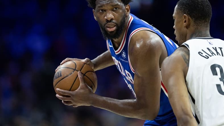 Apr 17, 2023; Philadelphia, Pennsylvania, USA; Philadelphia 76ers center Joel Embiid (21) controls the ball against Brooklyn Nets center Nic Claxton (33) during the third quarter in game two of the 2023 NBA playoffs at Wells Fargo Center. Mandatory Credit: Bill Streicher-USA TODAY Sports