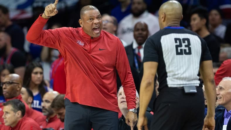 Apr 17, 2023; Philadelphia, Pennsylvania, USA; Philadelphia 76ers head coach Doc Rivers argues with referee Tre Maddox (23) during the fourth quarter in game two of the 2023 NBA playoffs against the Brooklyn Nets at Wells Fargo Center. Mandatory Credit: Bill Streicher-USA TODAY Sports