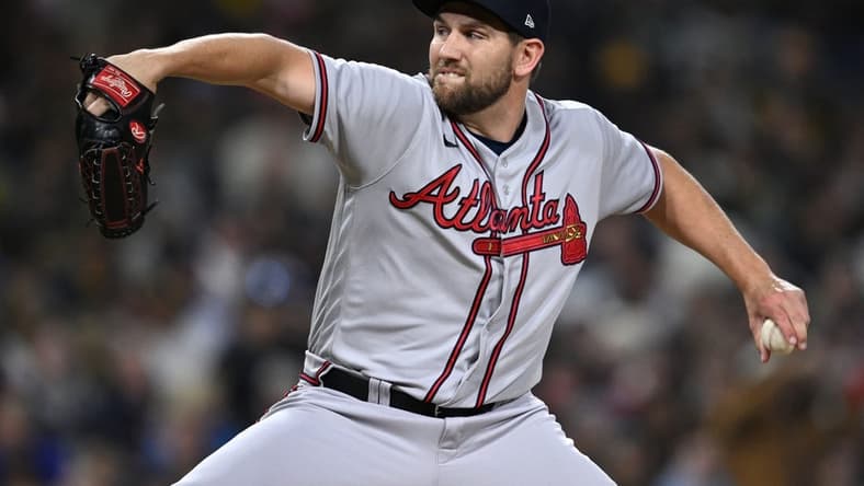 Apr 17, 2023; San Diego, California, USA; Atlanta Braves relief pitcher Dylan Lee (52) throws a pitch against the San Diego Padres during the sixth inning at Petco Park. Mandatory Credit: Orlando Ramirez-USA TODAY Sports